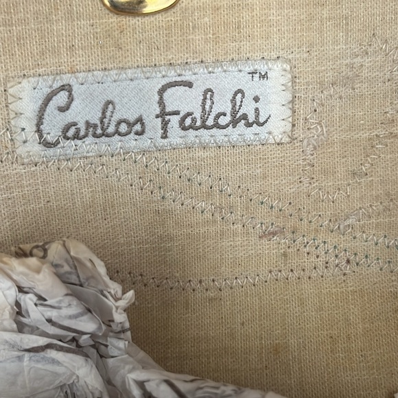 Vtg Carlos Falchi Tan Straw Snake Print Geometrical Boho Flat Underarm Purse Bag - Picture 8 of 9